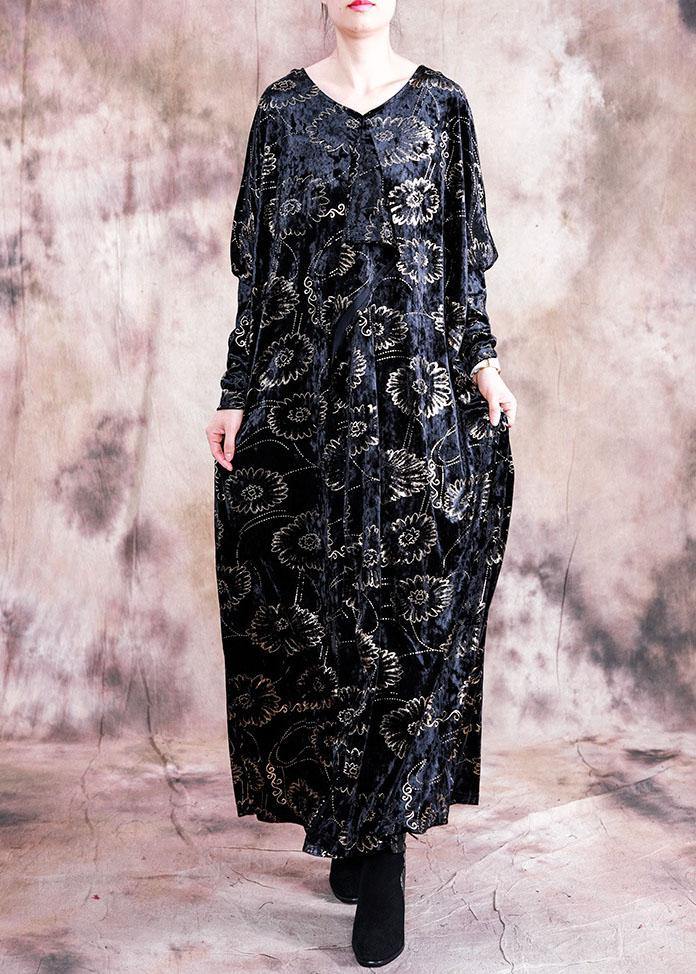 Bohemian prints velour dresses Work black v neck Kaftan Dress fall