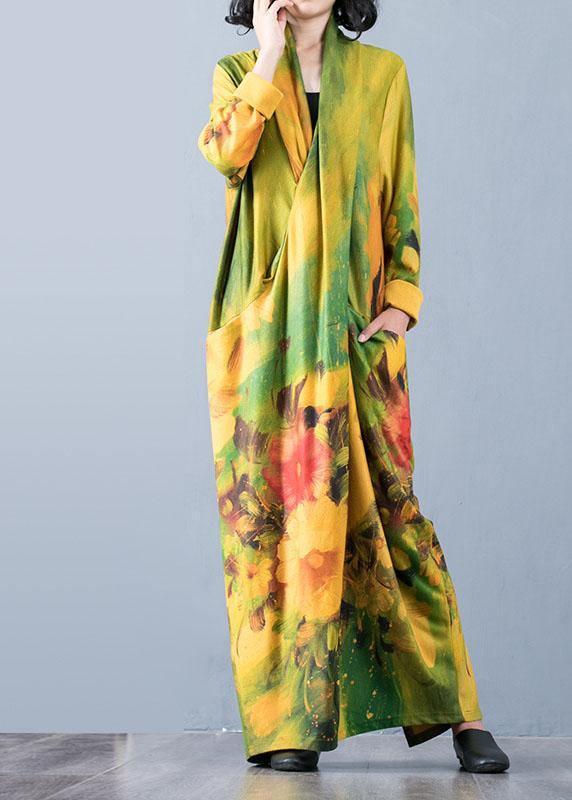 Bohemian v neck back side open cotton clothes For Women Fabrics yellow print Art Dresses fall