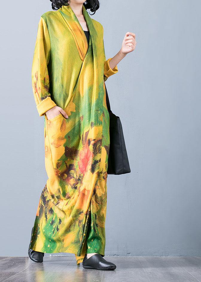 Bohemian v neck back side open cotton clothes For Women Fabrics yellow print Art Dresses fall