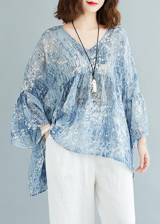 Bohemian v neck blended summerclothes For Women Outfits blue prints tops