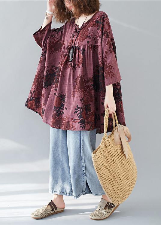 Bohemian v neck linen cotton summerclothes red prints Dresses shirts