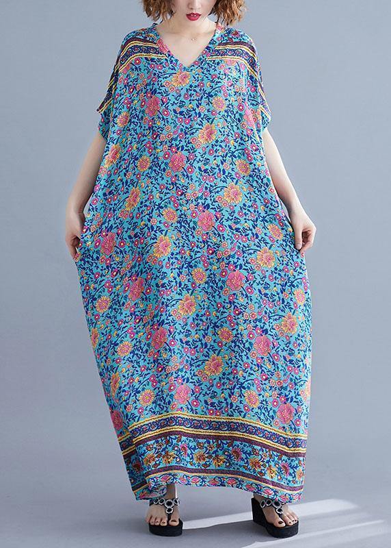 Bohemian v neck pockets cotton summer tunic pattern Photography blue print long Dress