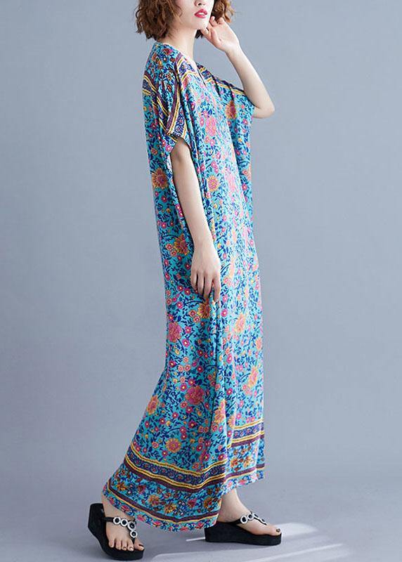 Bohemian v neck pockets cotton summer tunic pattern Photography blue print long Dress