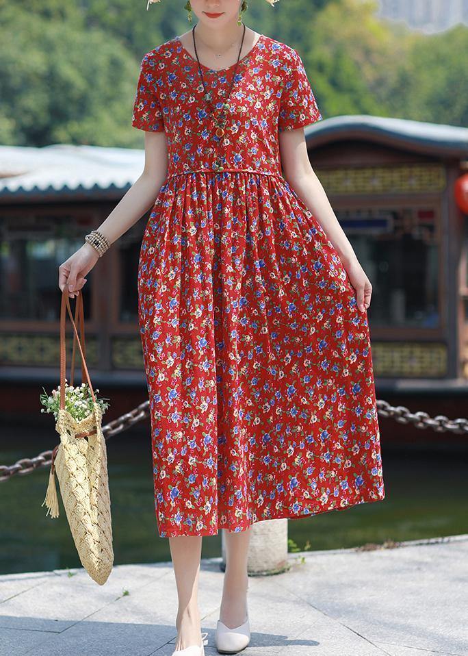 Bohemian v neck pockets linen outfit red print Dresses summer