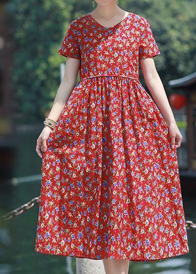 Bohemian v neck pockets linen outfit red print Dresses summer