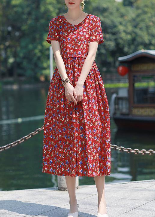 Bohemian v neck pockets linen outfit red print Dresses summer