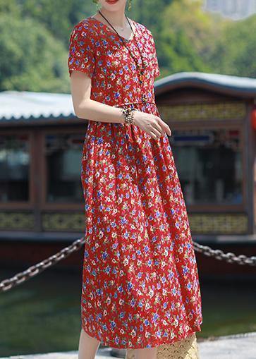 Bohemian v neck pockets linen outfit red print Dresses summer