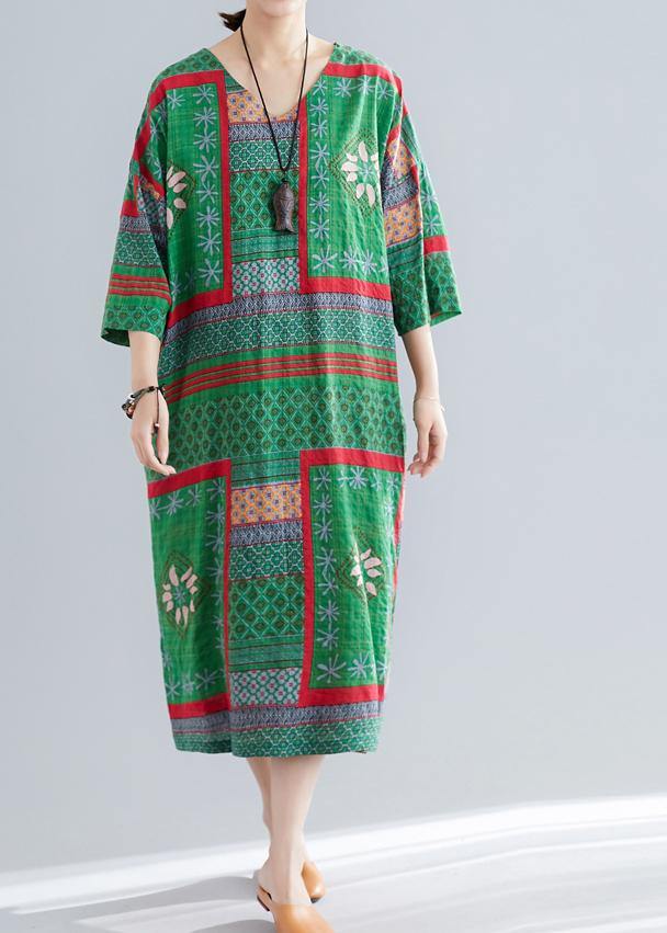 Bohemian v neck side open cotton Women pattern green print Maxi Dresses summer