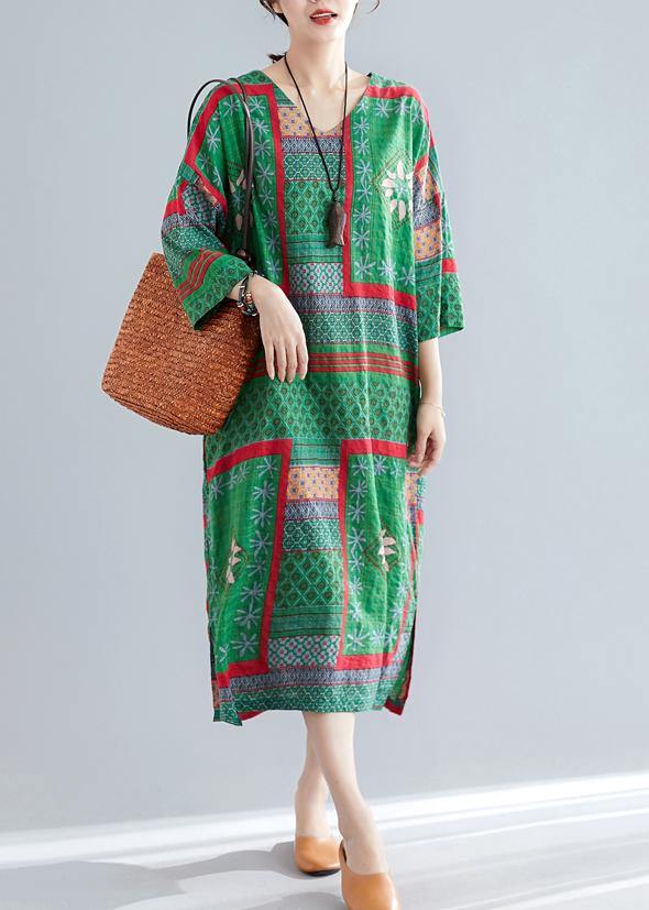 Bohemian v neck side open cotton Women pattern green print Maxi Dresses summer