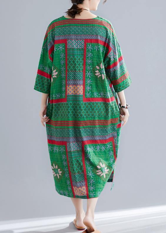 Bohemian v neck side open cotton Women pattern green print Maxi Dresses summer