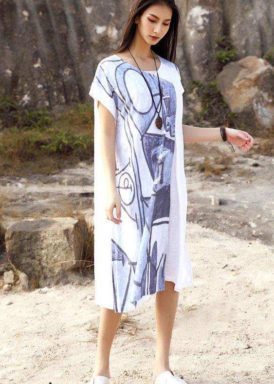 Bohemian white loose linen dress prints summer Dresses