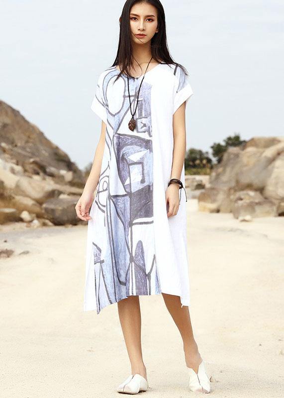 Bohemian white loose linen dress prints summer Dresses