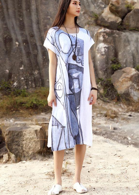 Bohemian white loose linen dress prints summer Dresses