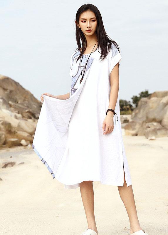 Bohemian white loose linen dress prints summer Dresses