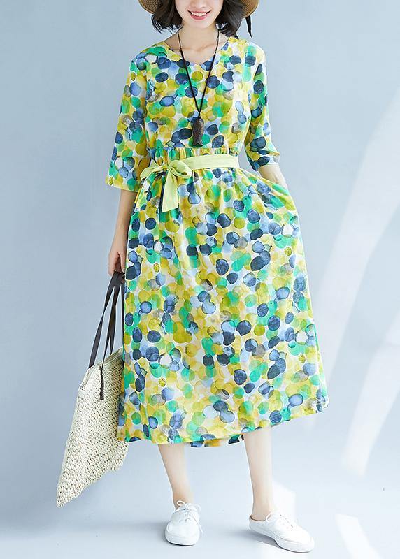 Bohemian yellow prints linen Soft Surroundings Cinched waist A Line summer Dresses