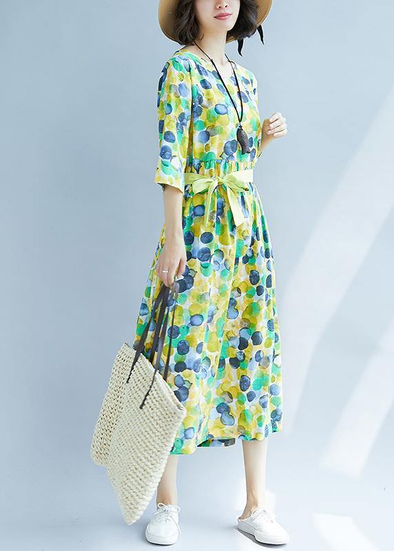 Bohemian yellow prints linen Soft Surroundings Cinched waist A Line summer Dresses