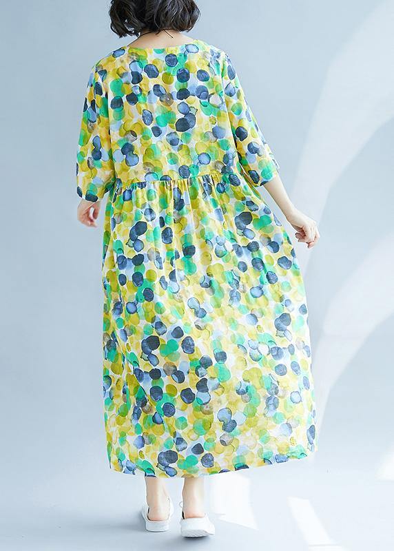 Bohemian yellow prints linen Soft Surroundings Cinched waist A Line summer Dresses