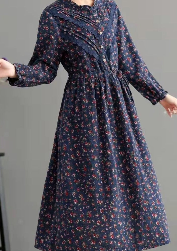 Bohemian Blue Pockets Print Loose Fall Maxi Dress Long sleeve