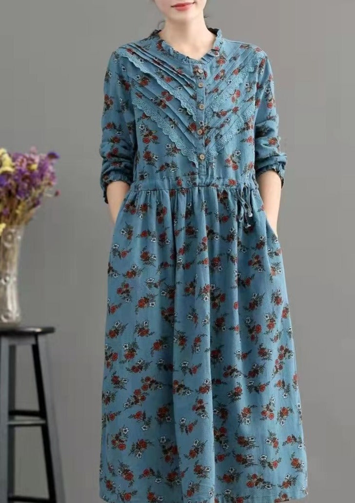 Bohemian Blue Pockets Print Loose Fall Maxi Dress Long sleeve