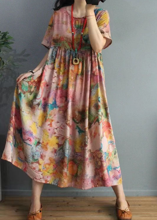 Bohemian Floral Silk Floss Robes O Neck Cinched Loose Summer Dress