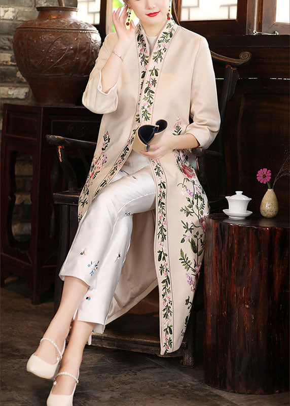 Boho Apricot V Neck Print Oriental Fall Winter Three Quarter sleeve Coat