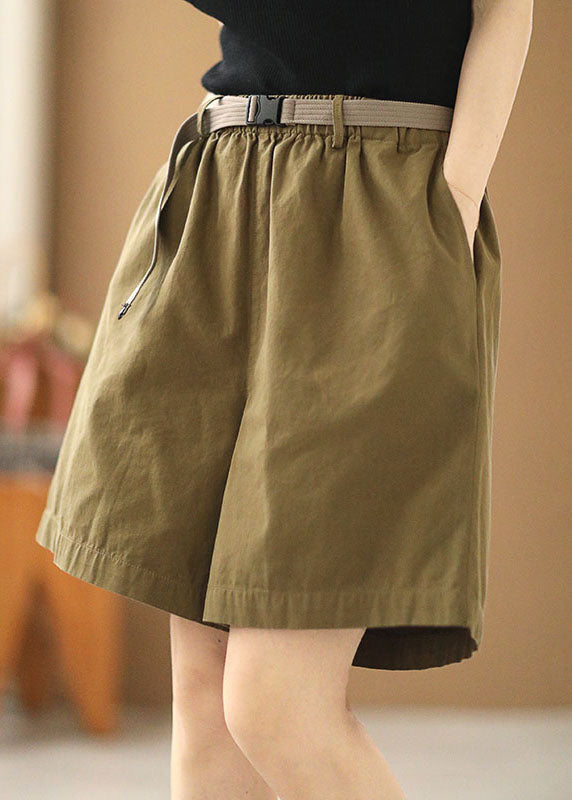 Boho Army Green Elastic Waist Pockets Sashes Cotton Wide Leg Shorts Summer