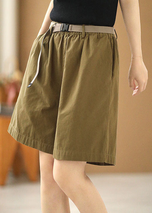 Boho Army Green Elastic Waist Pockets Sashes Cotton Wide Leg Shorts Summer