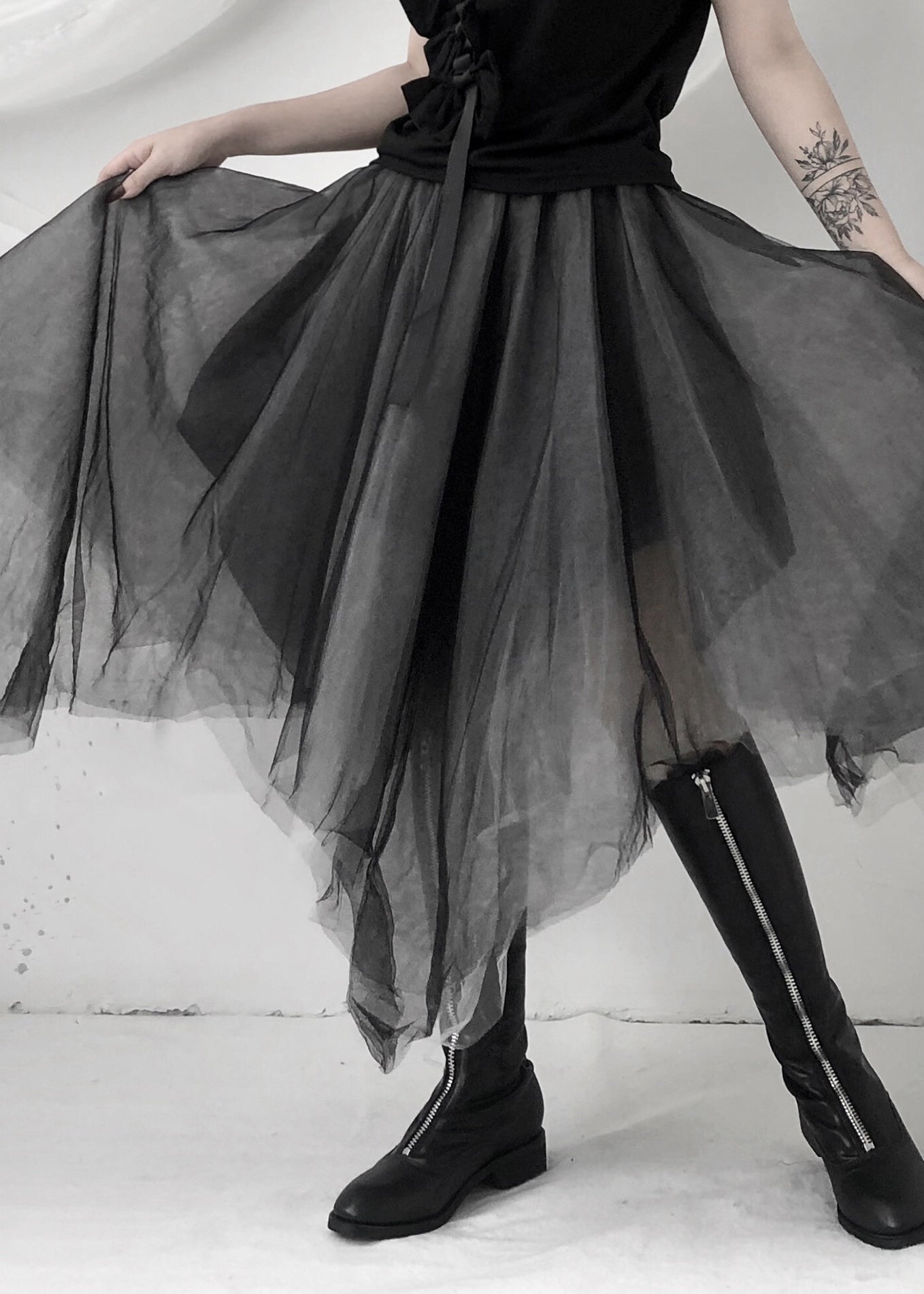 Boho Black Asymmetrical Layered Tulle Maxi Skirt