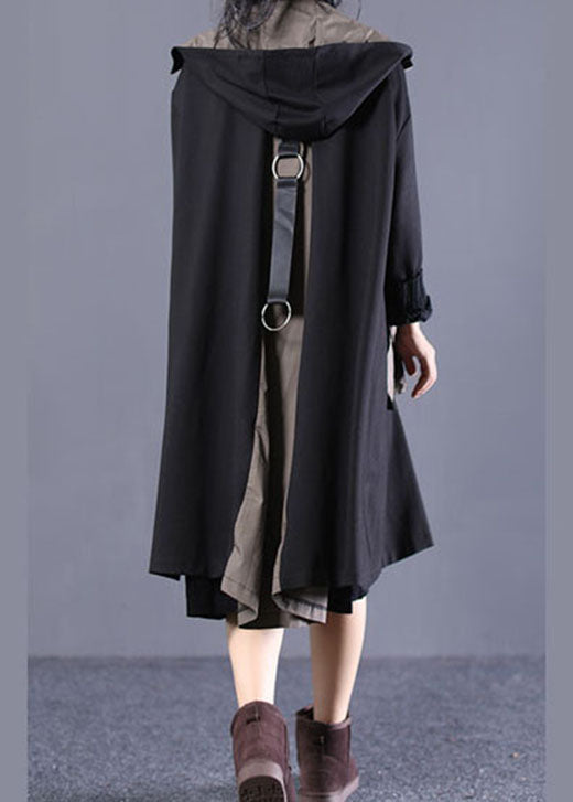 Boho Black Hooded Patchwork Cotton Coat Spring