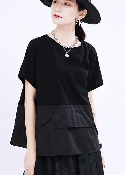 Boho Black O-Neck Patchwork Cotton Tops Summer