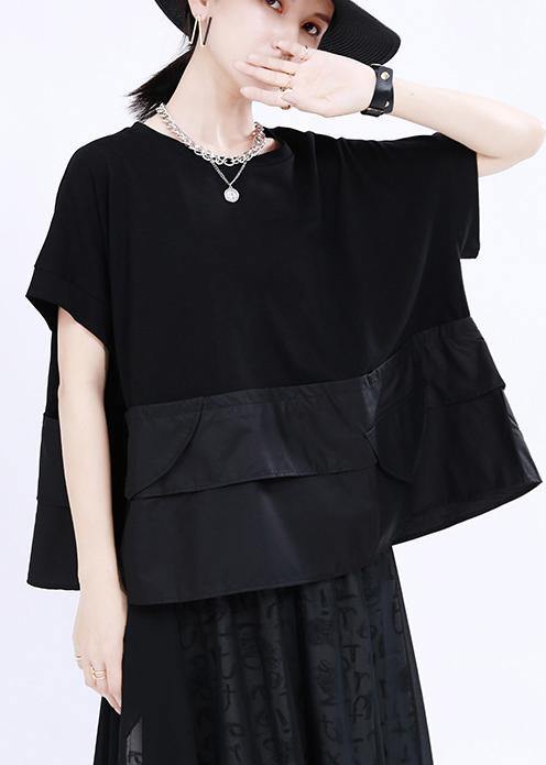 Boho Black O-Neck Patchwork Cotton Tops Summer