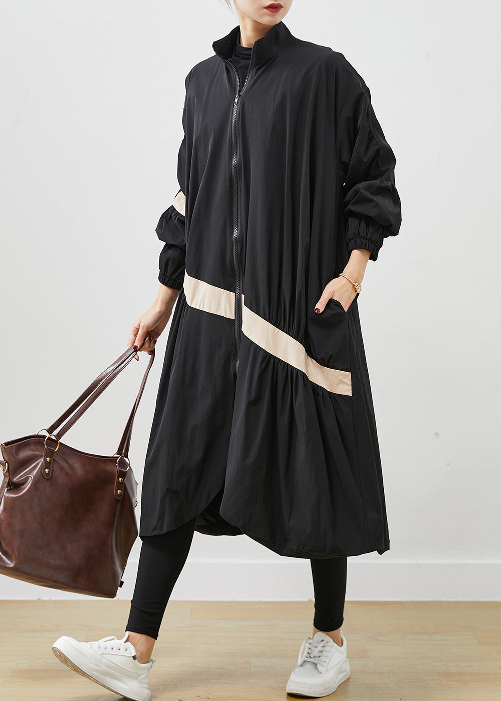 Boho Black Oversized Patchwork Trench Coats Spring