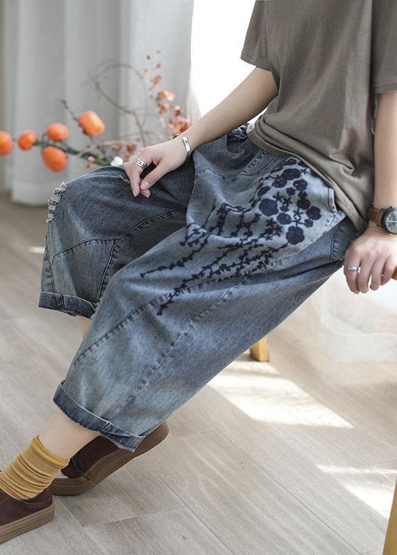 Boho Blue Embroideried Summer Denim Pants