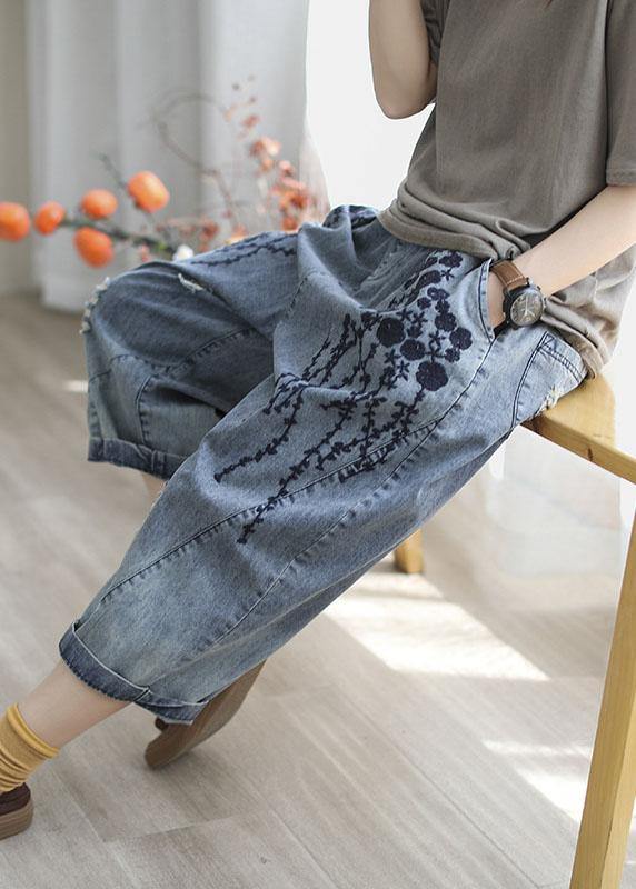 Boho Blue Embroideried Summer Denim Pants