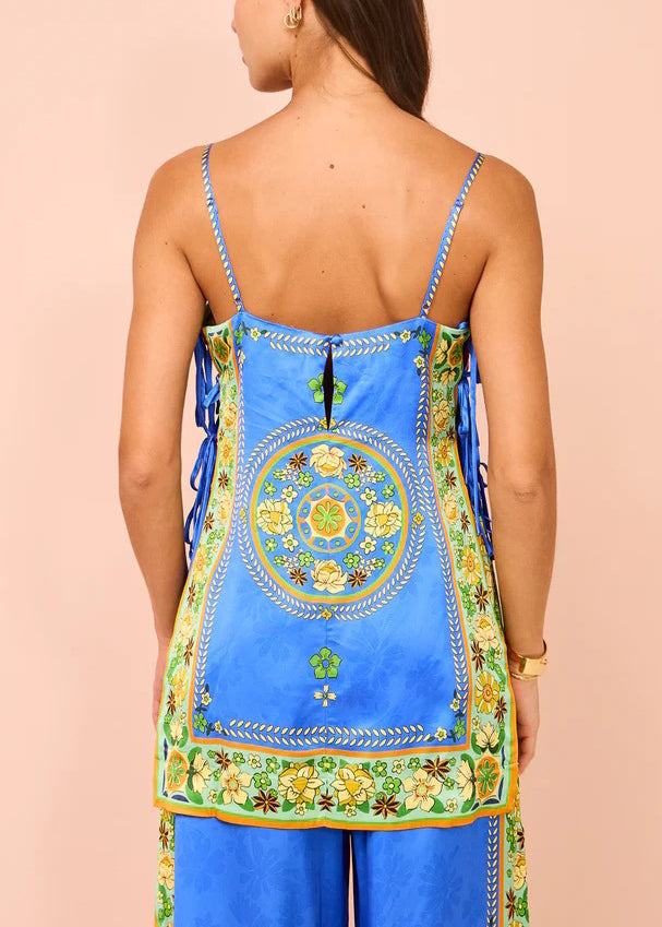 Boho Blue Lace Up Print Silk Spaghetti Strap Tank Sleeveless