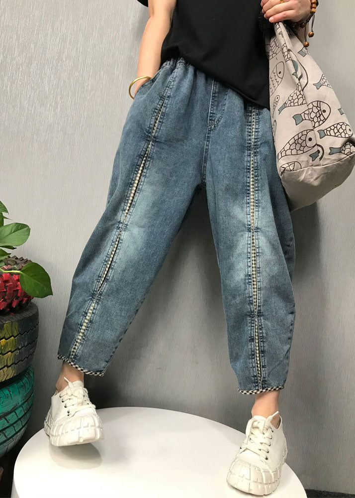 Boho Blue Plaid Patchwork denim Pants Spring