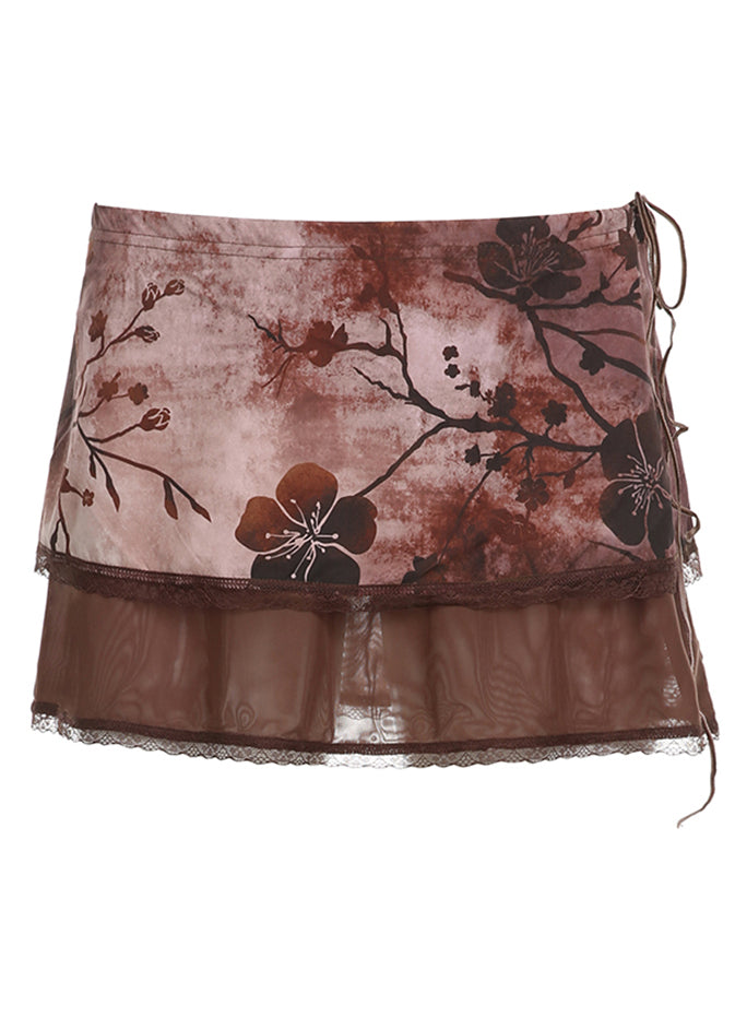 Boho Brown Tie Dye Print Drawstring Tulle Patchwork Skirt Summer