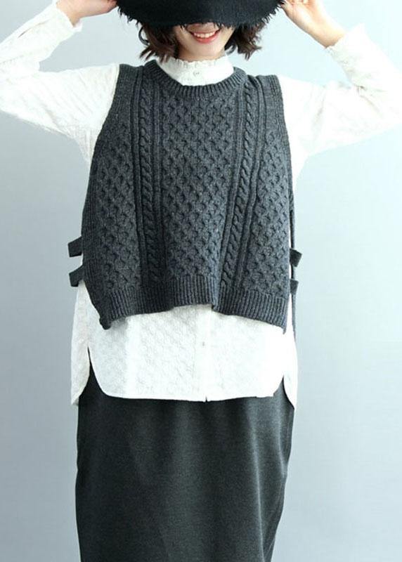 Boho Dark Gray O-Neck Side Open low High Design Fall Knit Vest