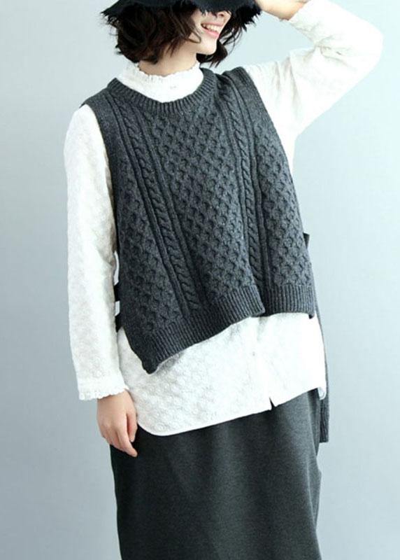 Boho Dark Gray O-Neck Side Open low High Design Fall Knit Vest