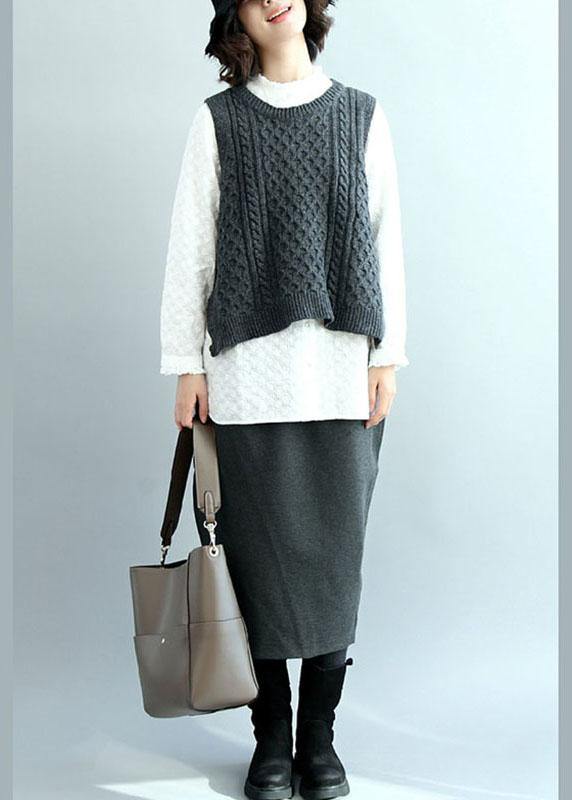 Boho Dark Gray O-Neck Side Open low High Design Fall Knit Vest