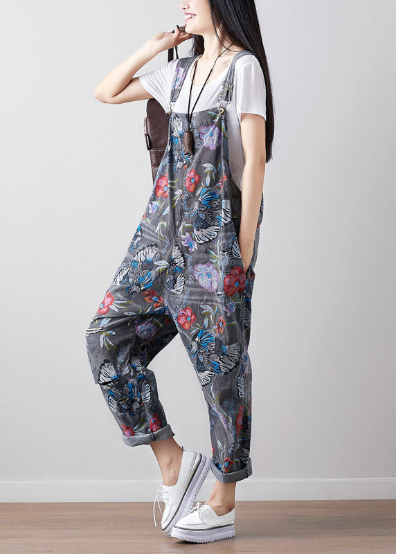 Boho Dark Gray Print Cowboy Jumpsuit Spring