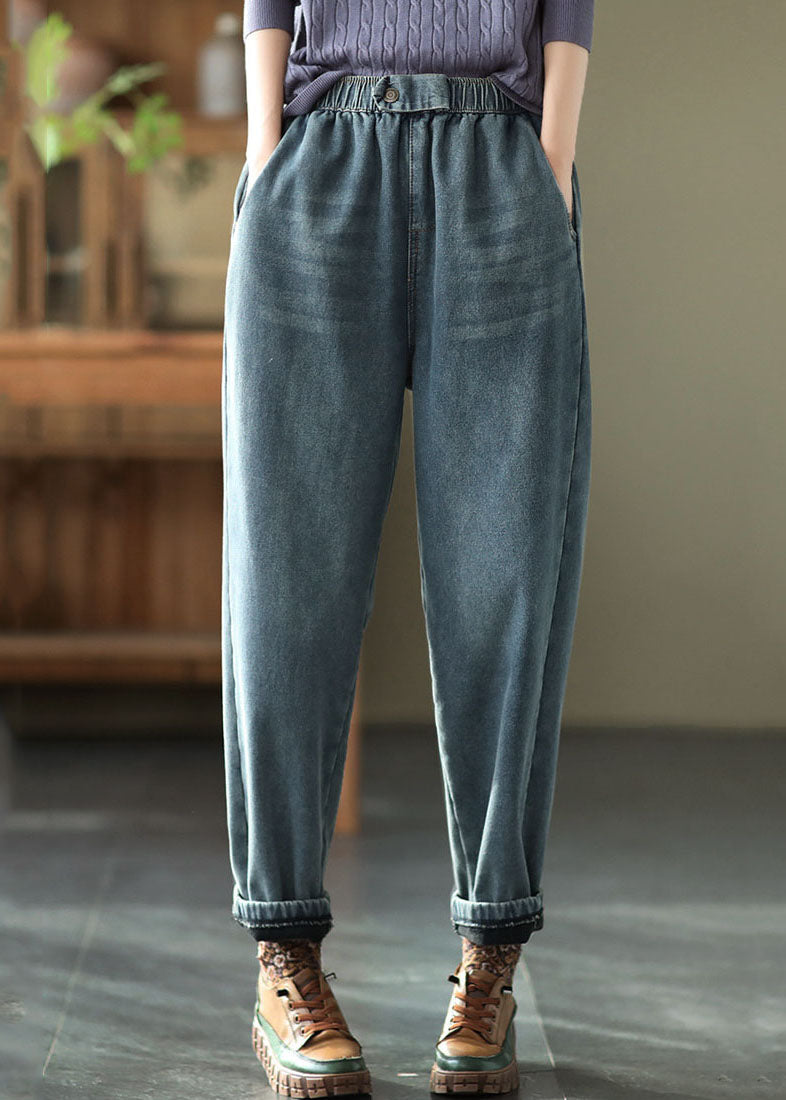 Boho Denim Blue Elastic Waist Pockets Thick Warm Fleece Harem Pants Winter