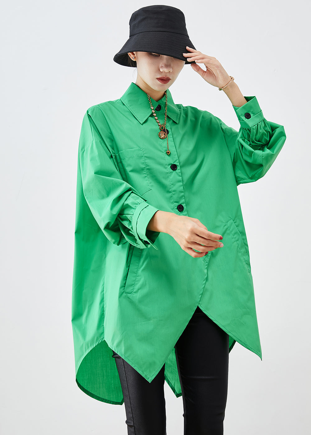 Boho Green Asymmetrical Button Down Cotton Shirt Fall