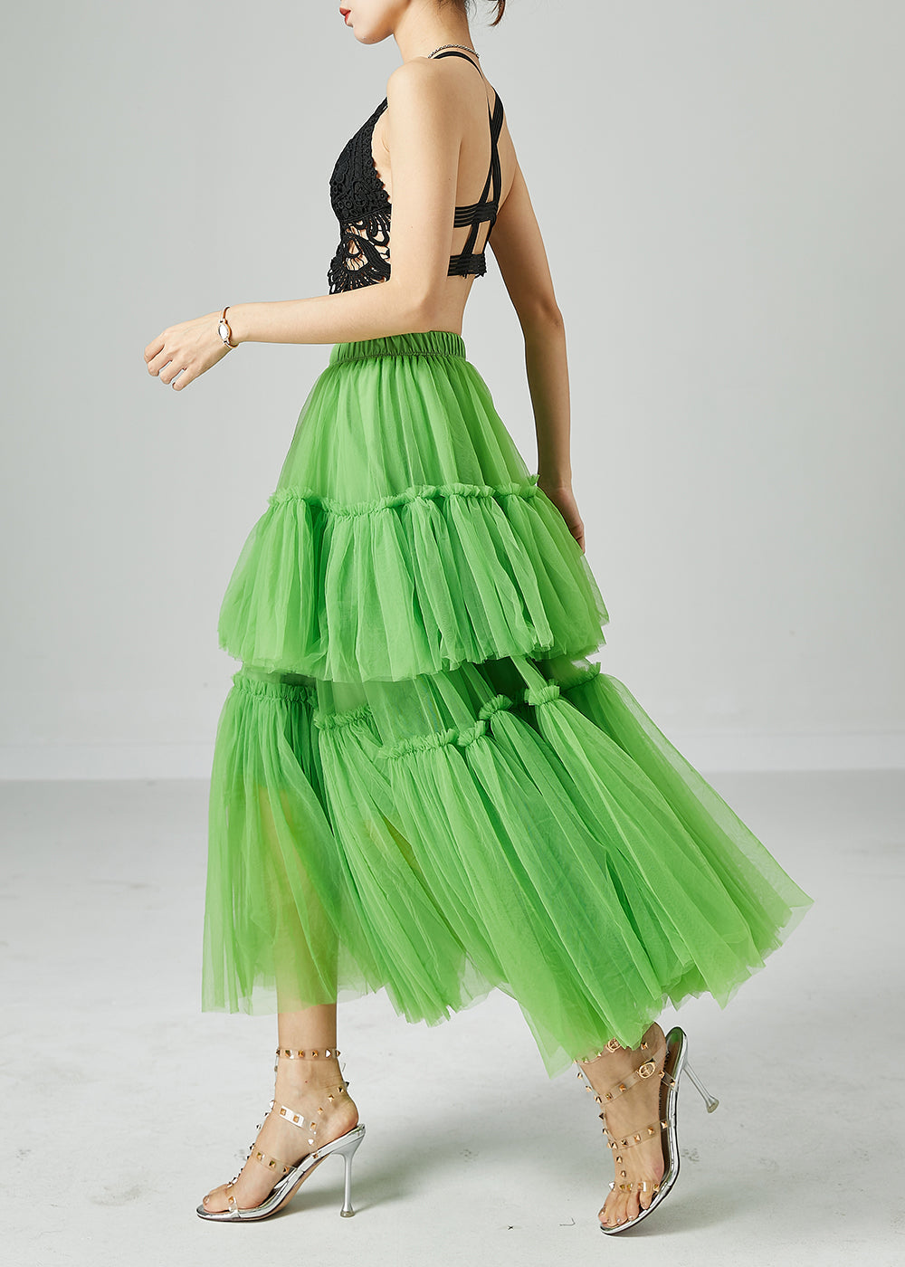 Boho Green Elastic Waist Patchwork Wrinkled Tulle Skirts Summer