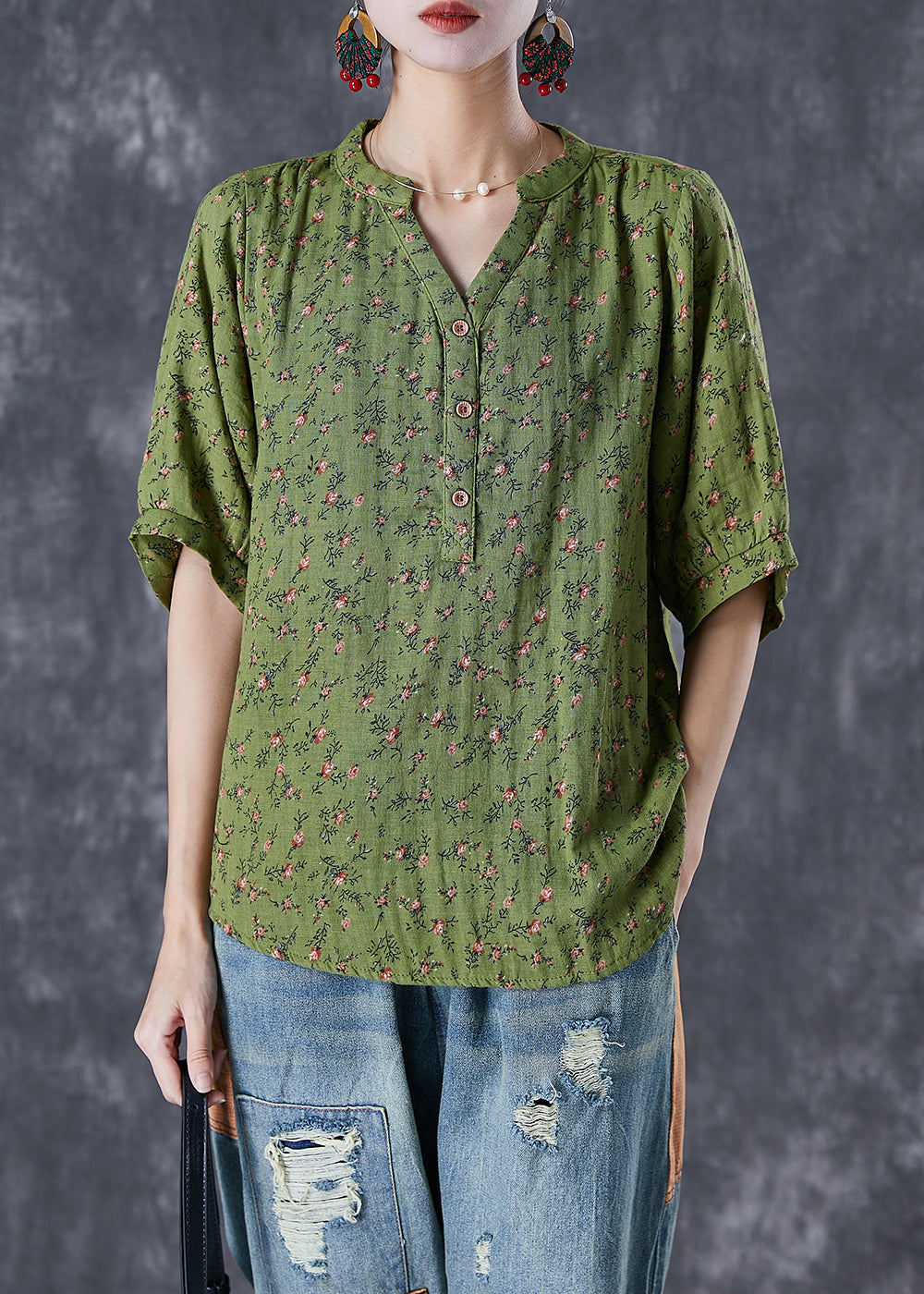 Boho Green V Neck Print Cotton Top Summer