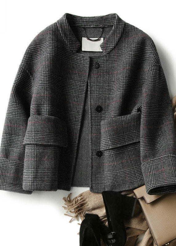 Boho Grey Plaid retro Loose Pockets Button Fall Winter Coat