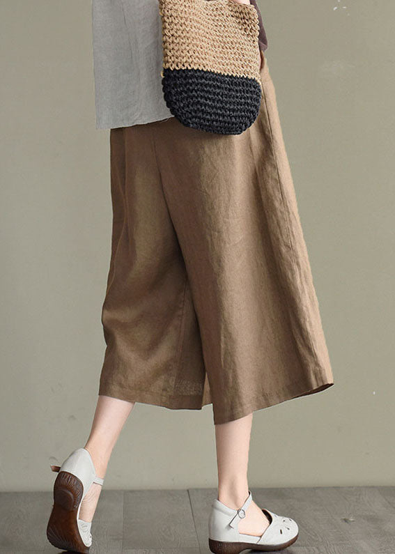 Boho Khaki Elastic Waist Oversized Pockets Linen Wide Leg Crop Pants Summer