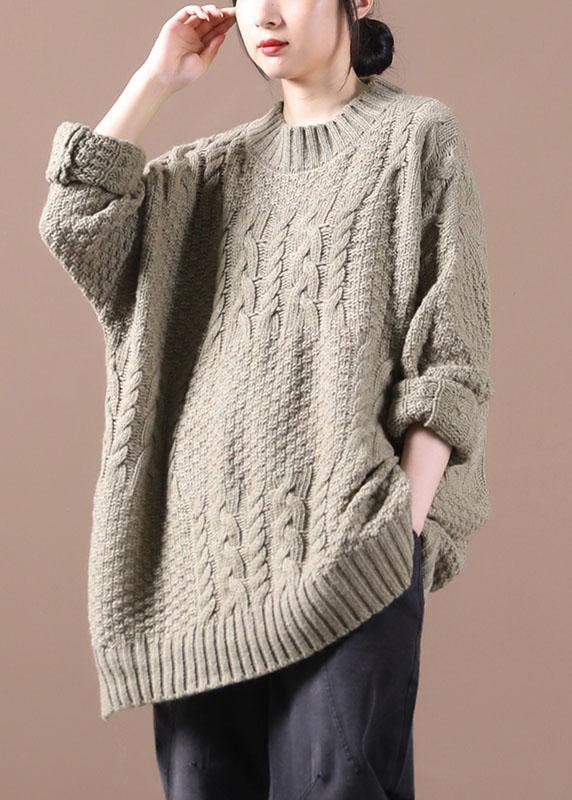 Boho Khaki Loose Cable knit Fall Long Knit Top