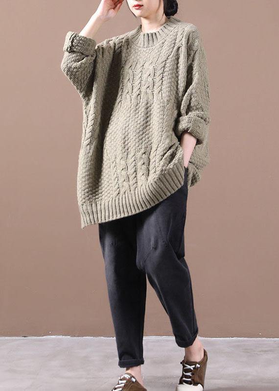 Boho Khaki Loose Cable knit Fall Long Knit Top