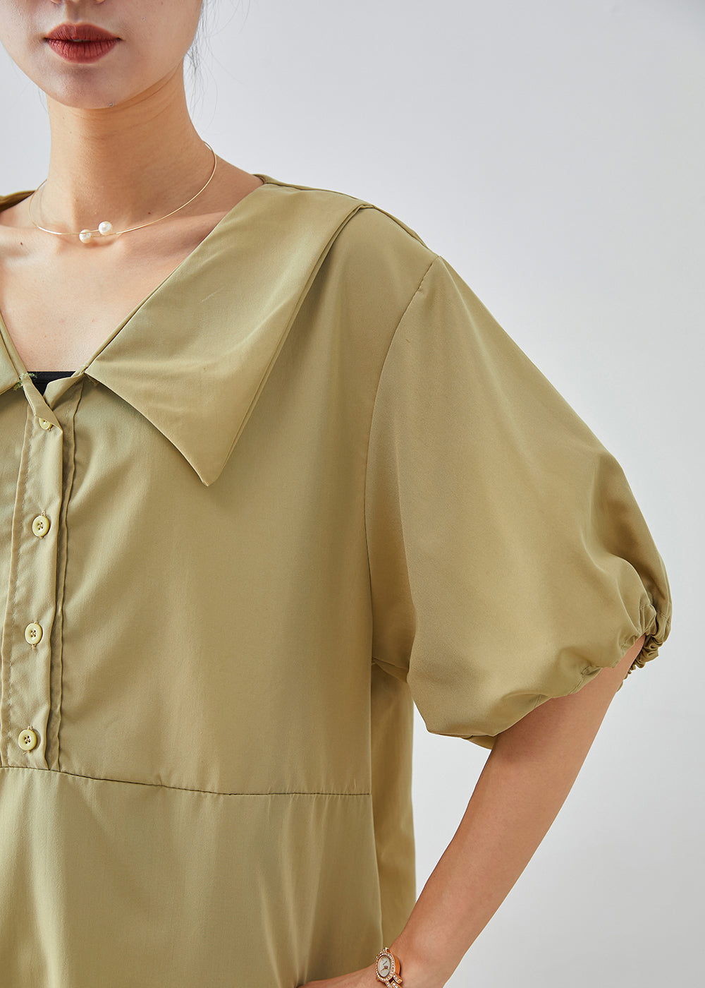 Boho Khaki V Neck Oversized Cotton Mid Dress Lantern Sleeve